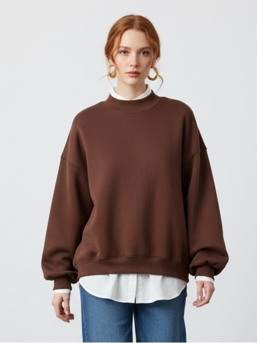 1670 • Most Cozy Deep Brown Cotton Blend Balloon Sleeve Mock Neck Sweatshirt